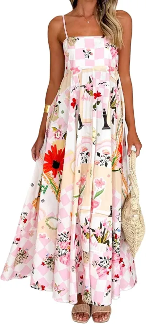 Women Boho Floral Maxi Cami Dress Spaghetti Strap Flowy Long Dress Square Neck A Line Dress Summer Beach Dress