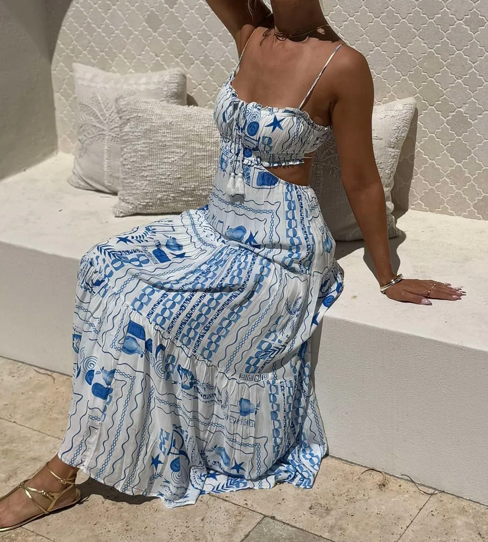 Women Boho Floral Maxi Cami Dress Spaghetti Strap Flowy Long Dress Square Neck A Line Dress Summer Beach Dress