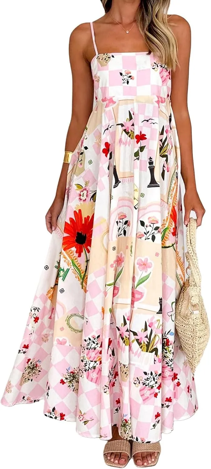 Women Boho Floral Maxi Cami Dress Spaghetti Strap Flowy Long Dress Square Neck A Line Dress Summer Beach Dress
