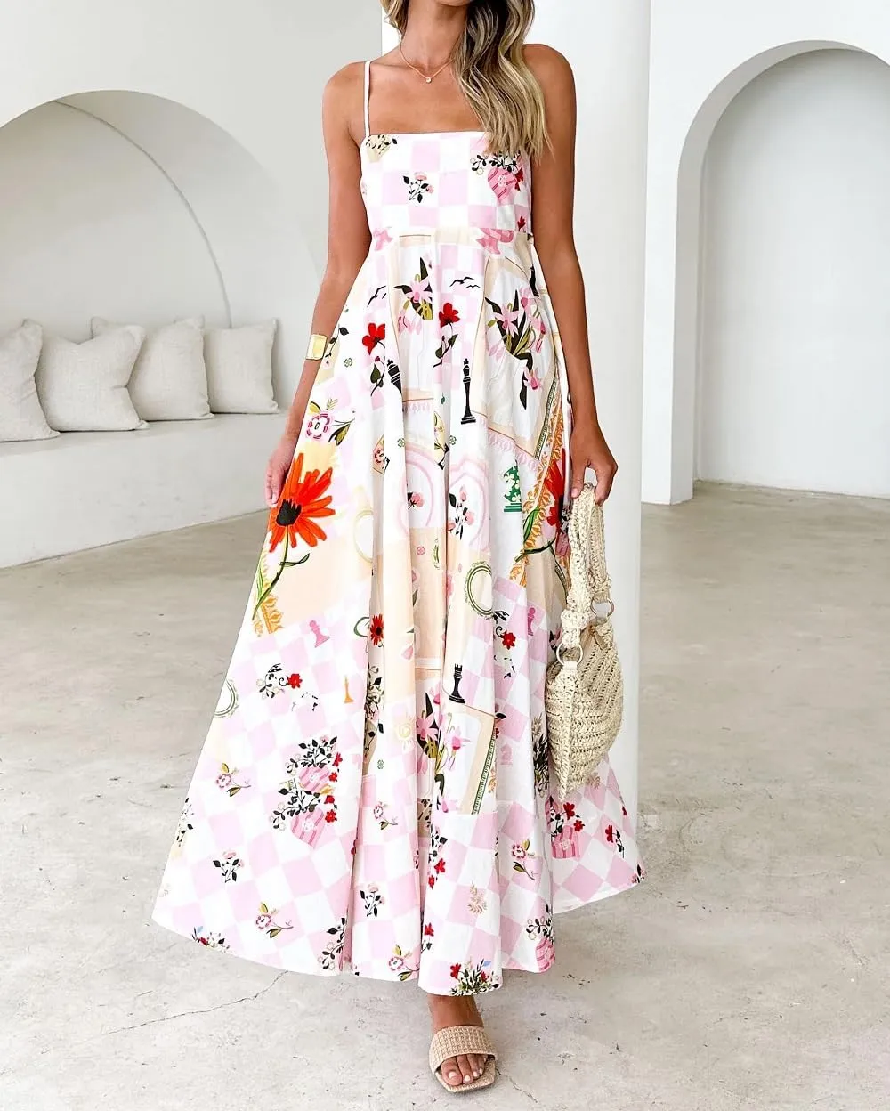 Women Boho Floral Maxi Cami Dress Spaghetti Strap Flowy Long Dress Square Neck A Line Dress Summer Beach Dress