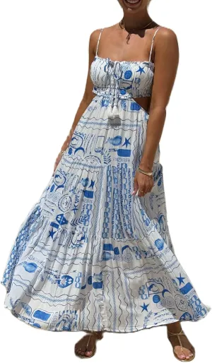 Women Boho Floral Maxi Cami Dress Spaghetti Strap Flowy Long Dress Square Neck A Line Dress Summer Beach Dress