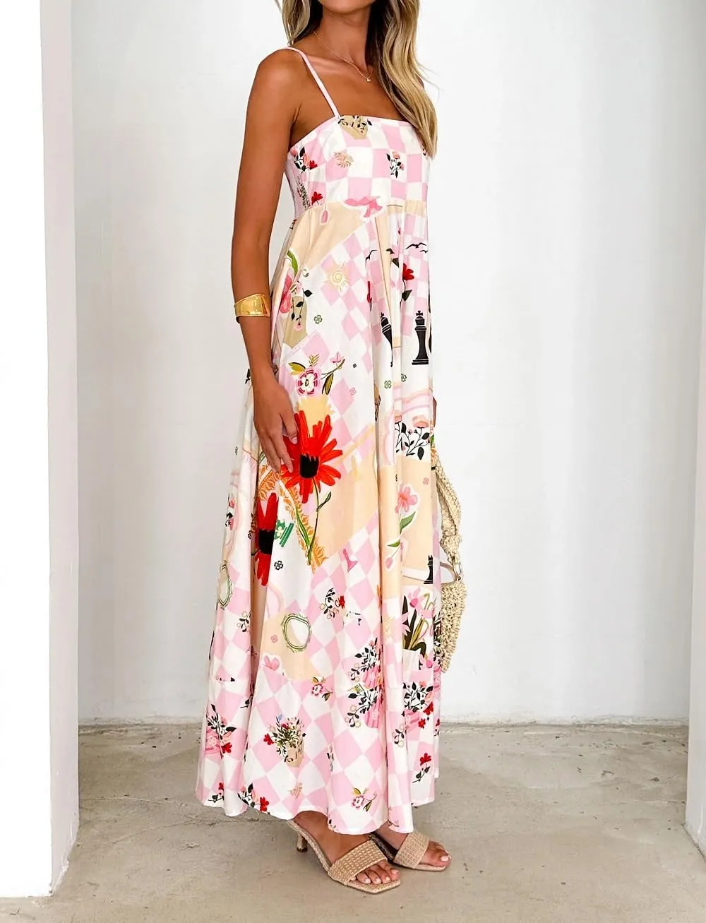 Women Boho Floral Maxi Cami Dress Spaghetti Strap Flowy Long Dress Square Neck A Line Dress Summer Beach Dress