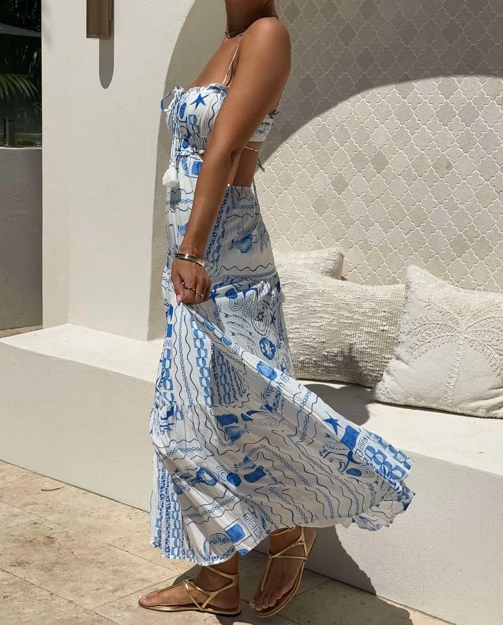 Women Boho Floral Maxi Cami Dress Spaghetti Strap Flowy Long Dress Square Neck A Line Dress Summer Beach Dress