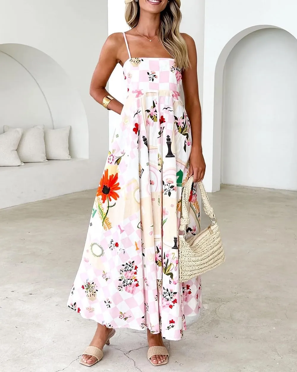 Women Boho Floral Maxi Cami Dress Spaghetti Strap Flowy Long Dress Square Neck A Line Dress Summer Beach Dress