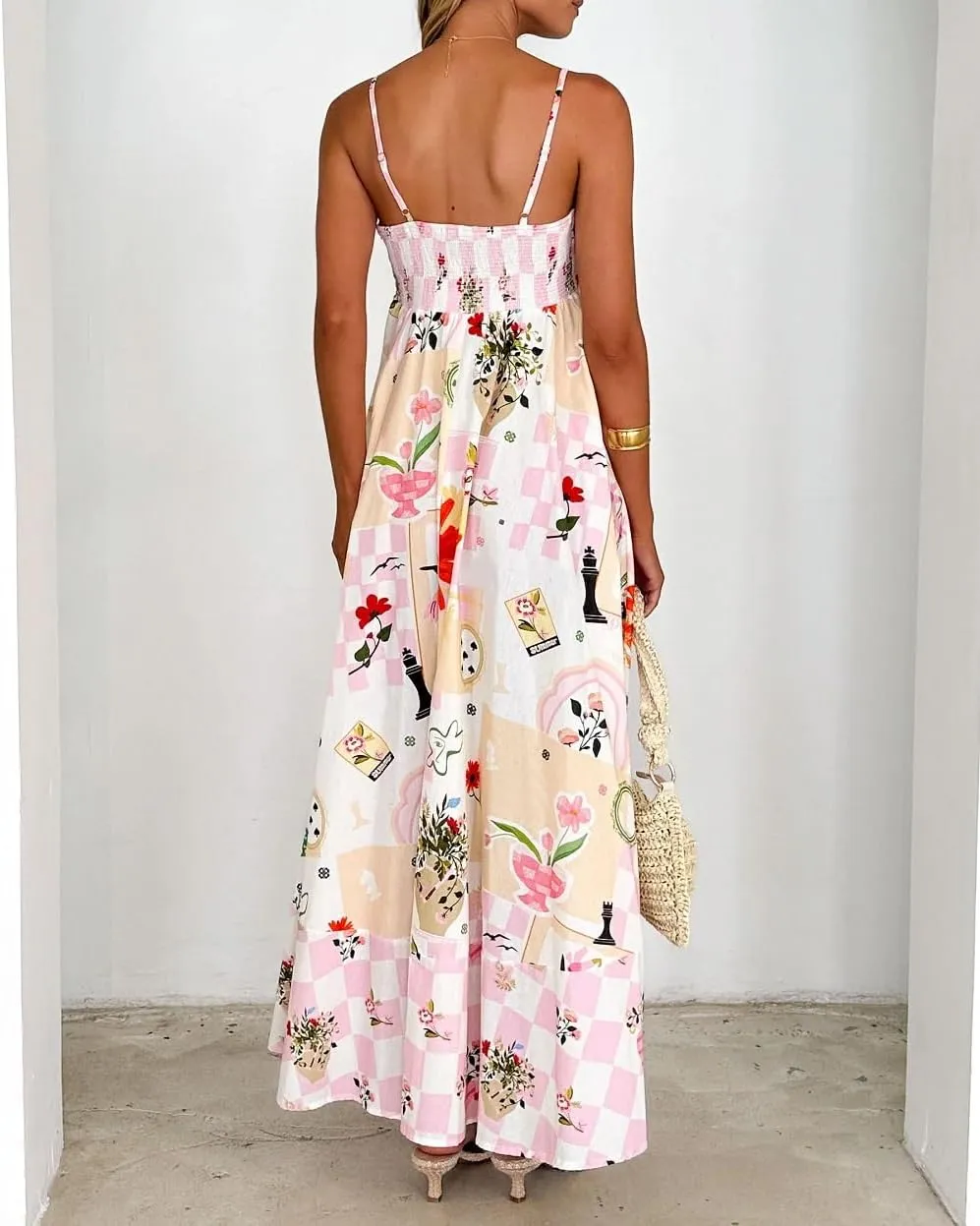 Women Boho Floral Maxi Cami Dress Spaghetti Strap Flowy Long Dress Square Neck A Line Dress Summer Beach Dress