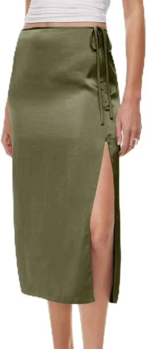 Women Drawstring High Waisted Maxi Skirt Solid Color Comfy Casual Skirt Side Split Hem Vacation Lounge Long Skirt
