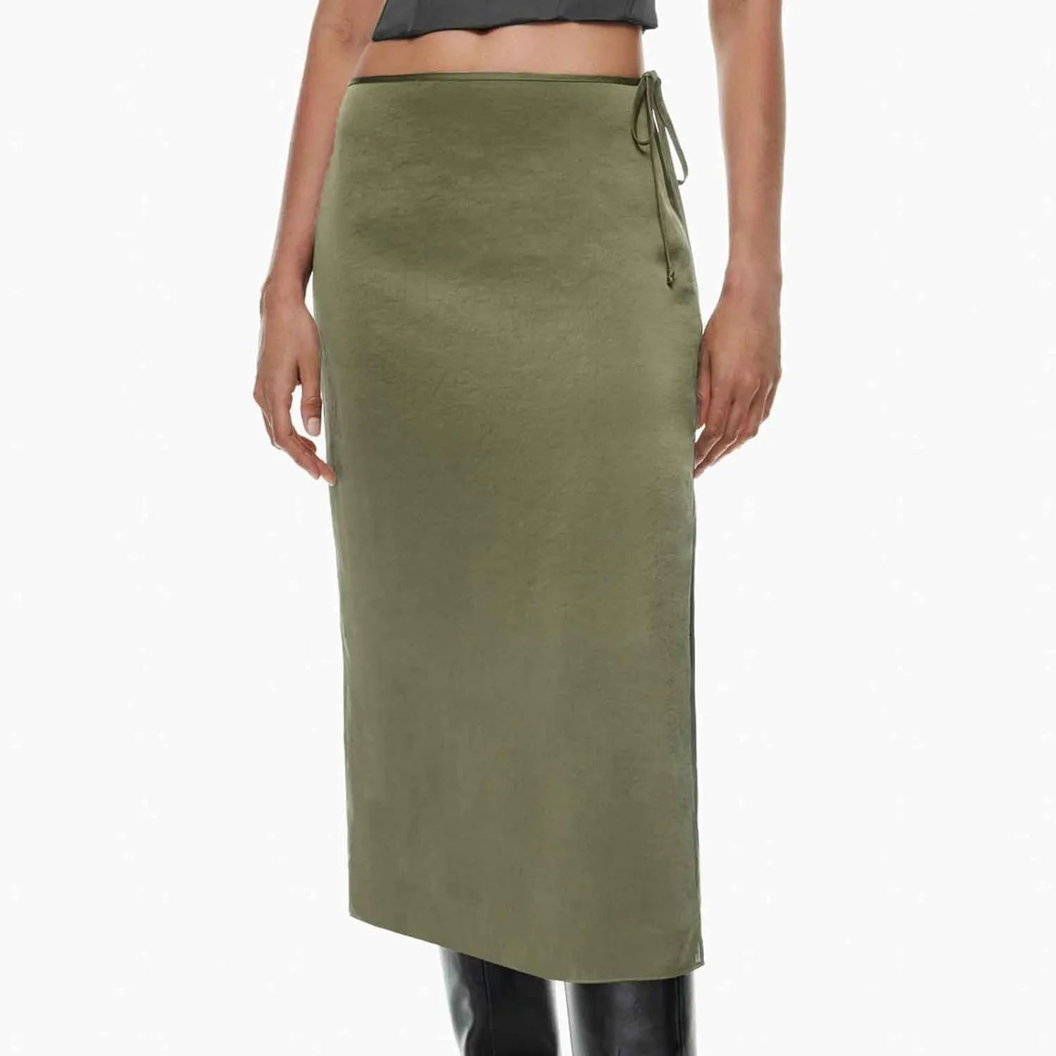 Women Drawstring High Waisted Maxi Skirt Solid Color Comfy Casual Skirt Side Split Hem Vacation Lounge Long Skirt