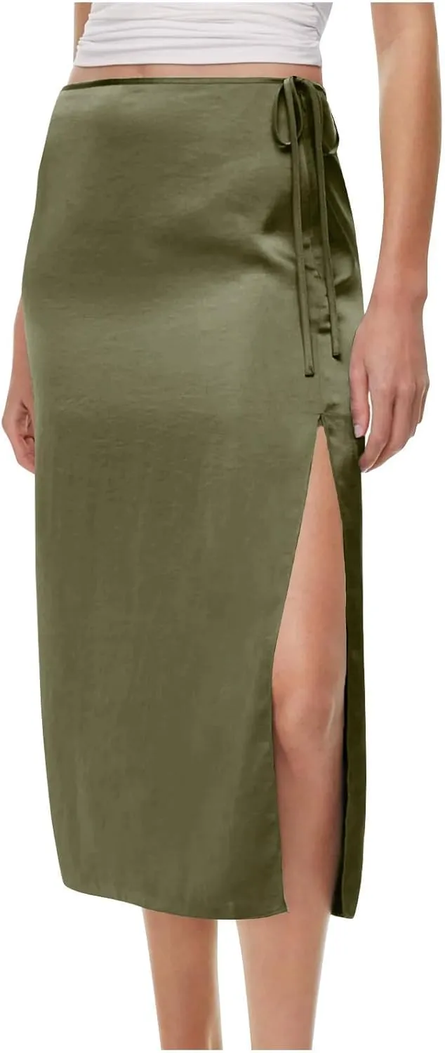Women Drawstring High Waisted Maxi Skirt Solid Color Comfy Casual Skirt Side Split Hem Vacation Lounge Long Skirt