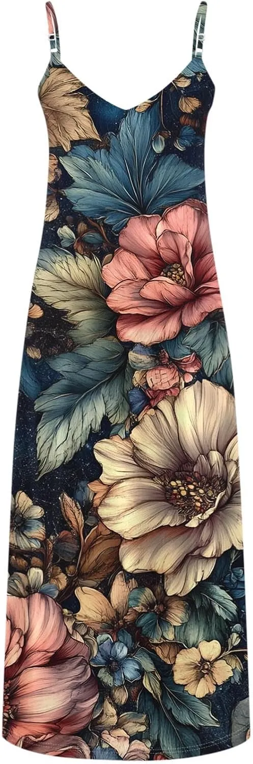 Women Floral Spaghetti Strap Sundress Casual Summer Maxi Dress V Neck Sexy Boho Dresses Trendy Beach Outfits 2025
