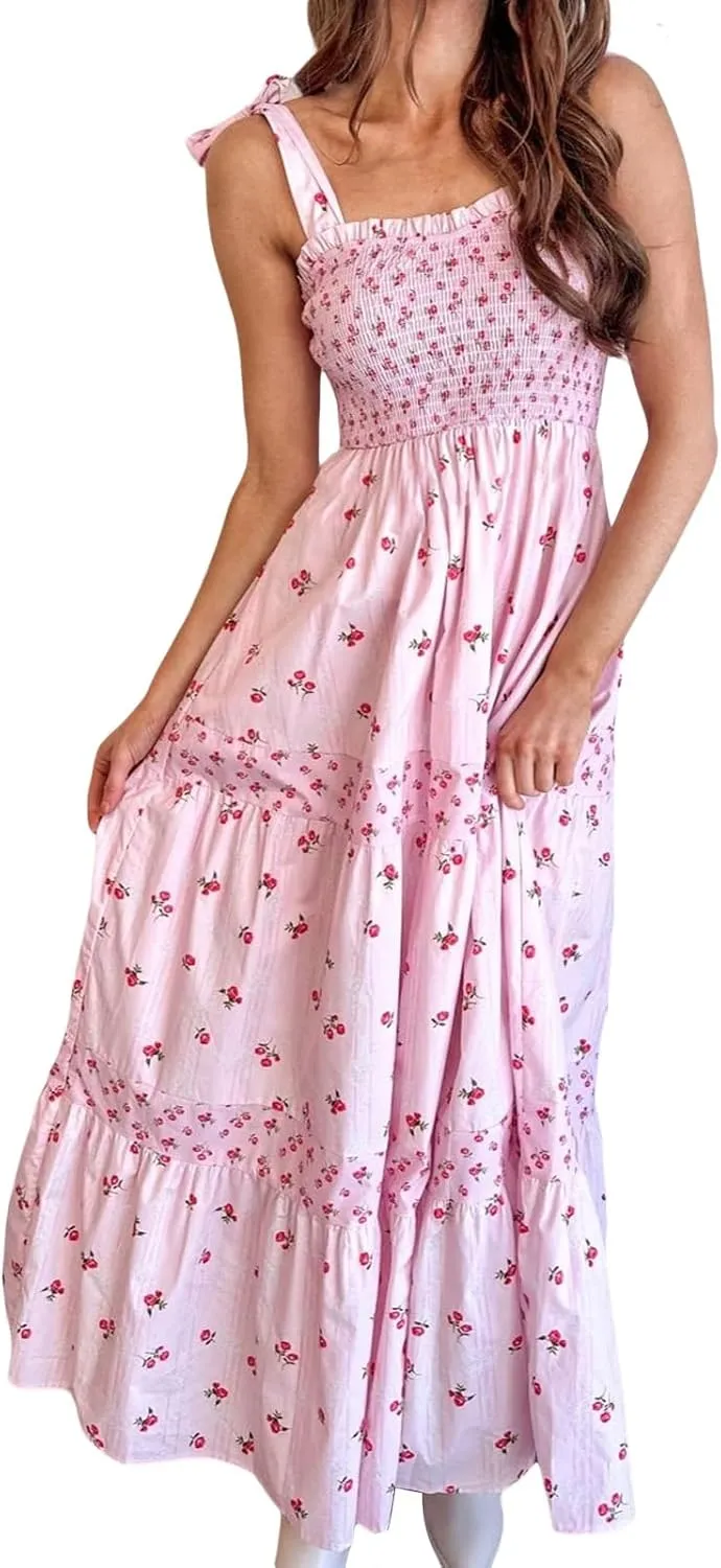 Women Floral Tie Shoulder Maxi Dress Boho Flowy Tiered Sundress Square Neck Sleeveless Long Dress Beach Dress
