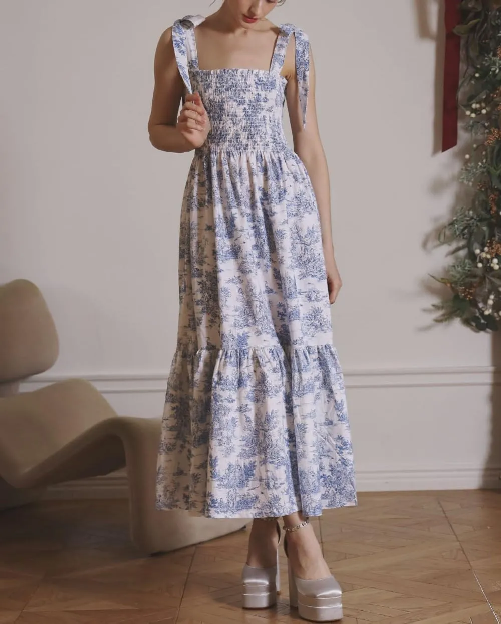 Women Floral Tie Shoulder Maxi Dress Boho Flowy Tiered Sundress Square Neck Sleeveless Long Dress Beach Dress