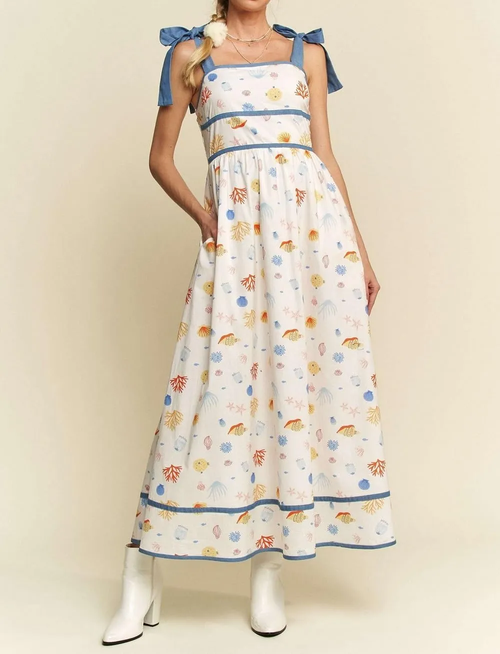 Women Floral Tie Shoulder Maxi Dress Boho Flowy Tiered Sundress Square Neck Sleeveless Long Dress Beach Dress