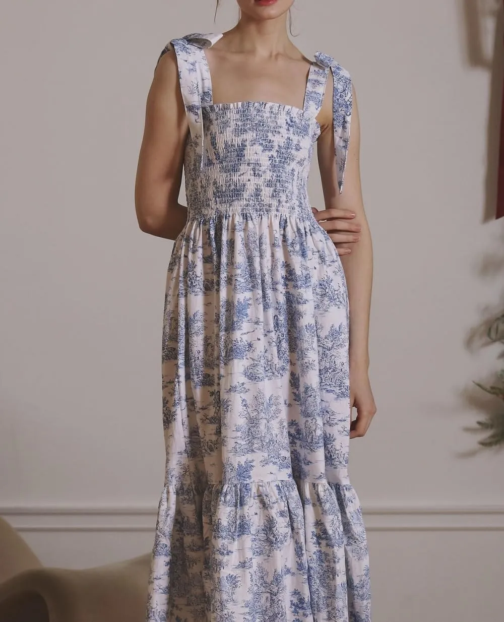 Women Floral Tie Shoulder Maxi Dress Boho Flowy Tiered Sundress Square Neck Sleeveless Long Dress Beach Dress