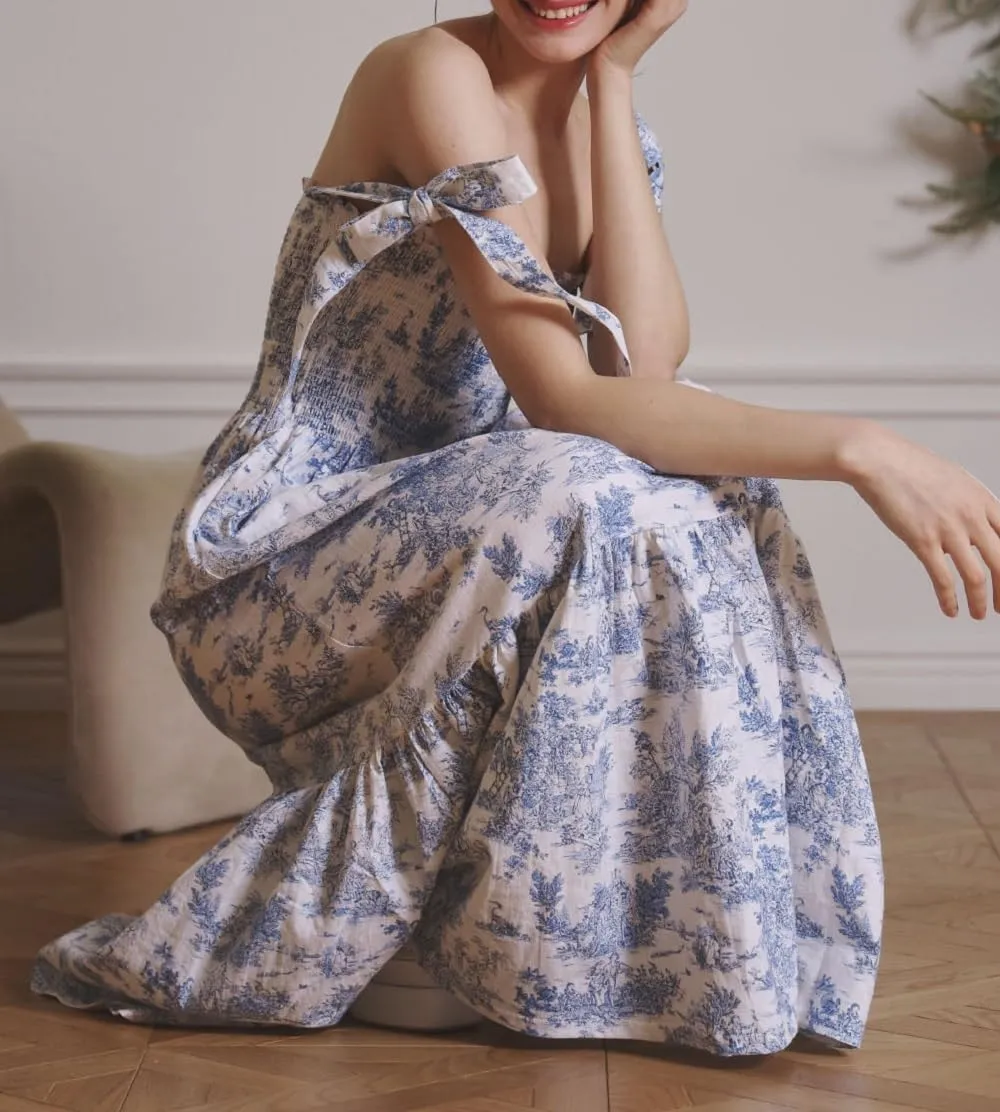Women Floral Tie Shoulder Maxi Dress Boho Flowy Tiered Sundress Square Neck Sleeveless Long Dress Beach Dress