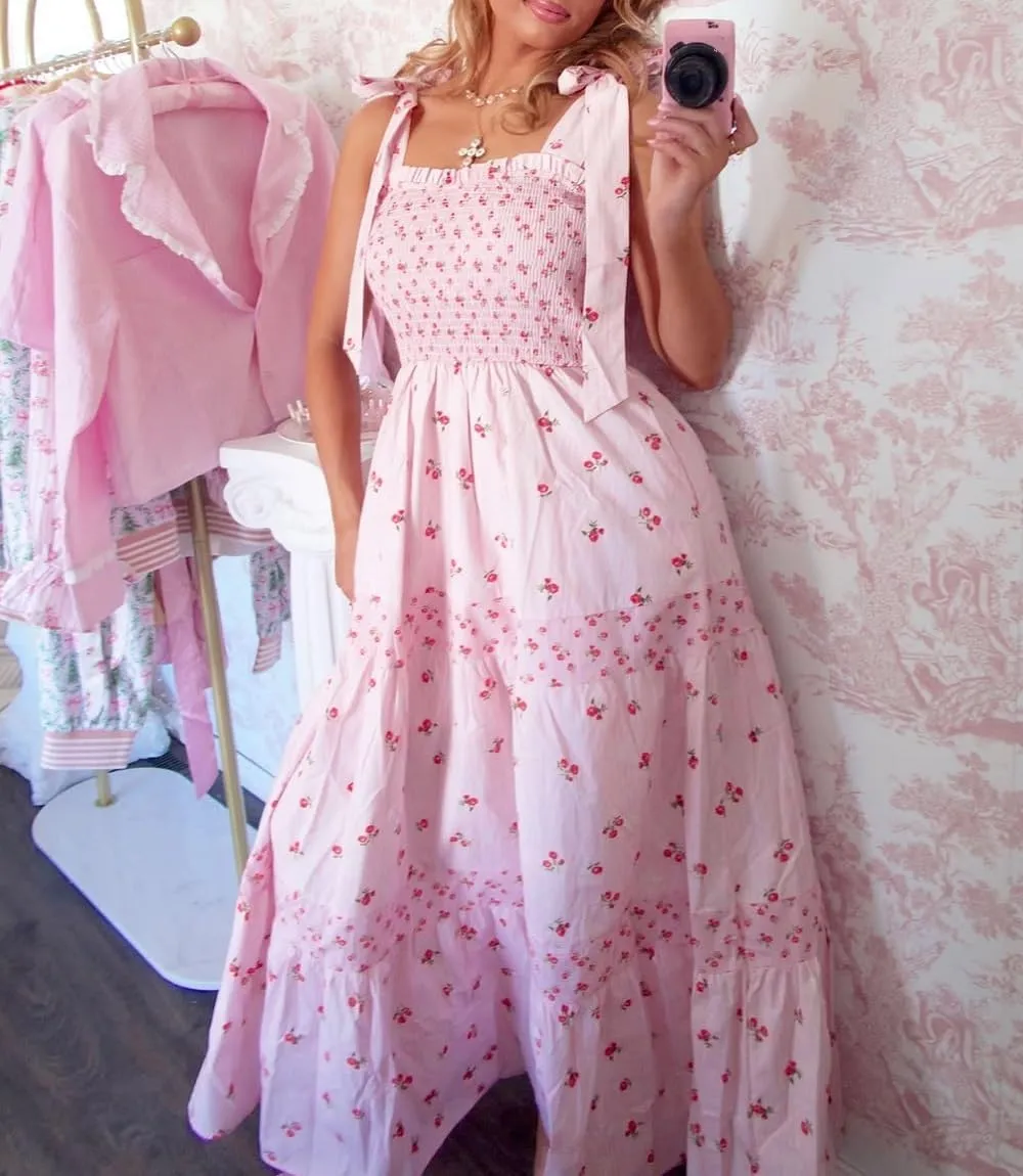 Women Floral Tie Shoulder Maxi Dress Boho Flowy Tiered Sundress Square Neck Sleeveless Long Dress Beach Dress