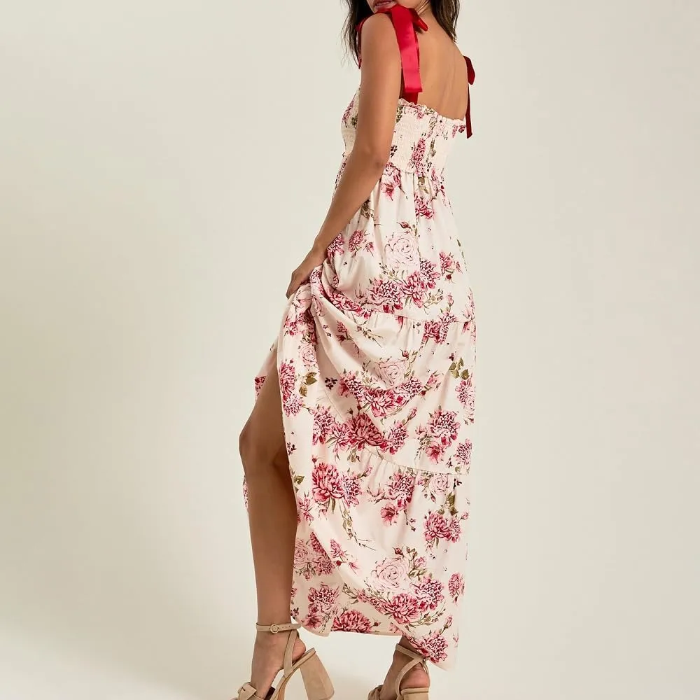 Women Floral Tie Shoulder Maxi Dress Boho Flowy Tiered Sundress Square Neck Sleeveless Long Dress Beach Dress