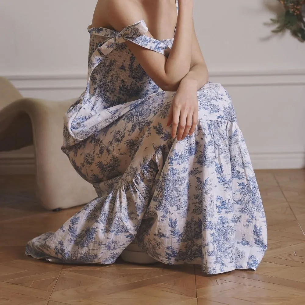 Women Floral Tie Shoulder Maxi Dress Boho Flowy Tiered Sundress Square Neck Sleeveless Long Dress Beach Dress