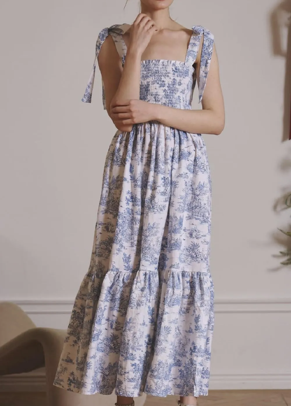 Women Floral Tie Shoulder Maxi Dress Boho Flowy Tiered Sundress Square Neck Sleeveless Long Dress Beach Dress