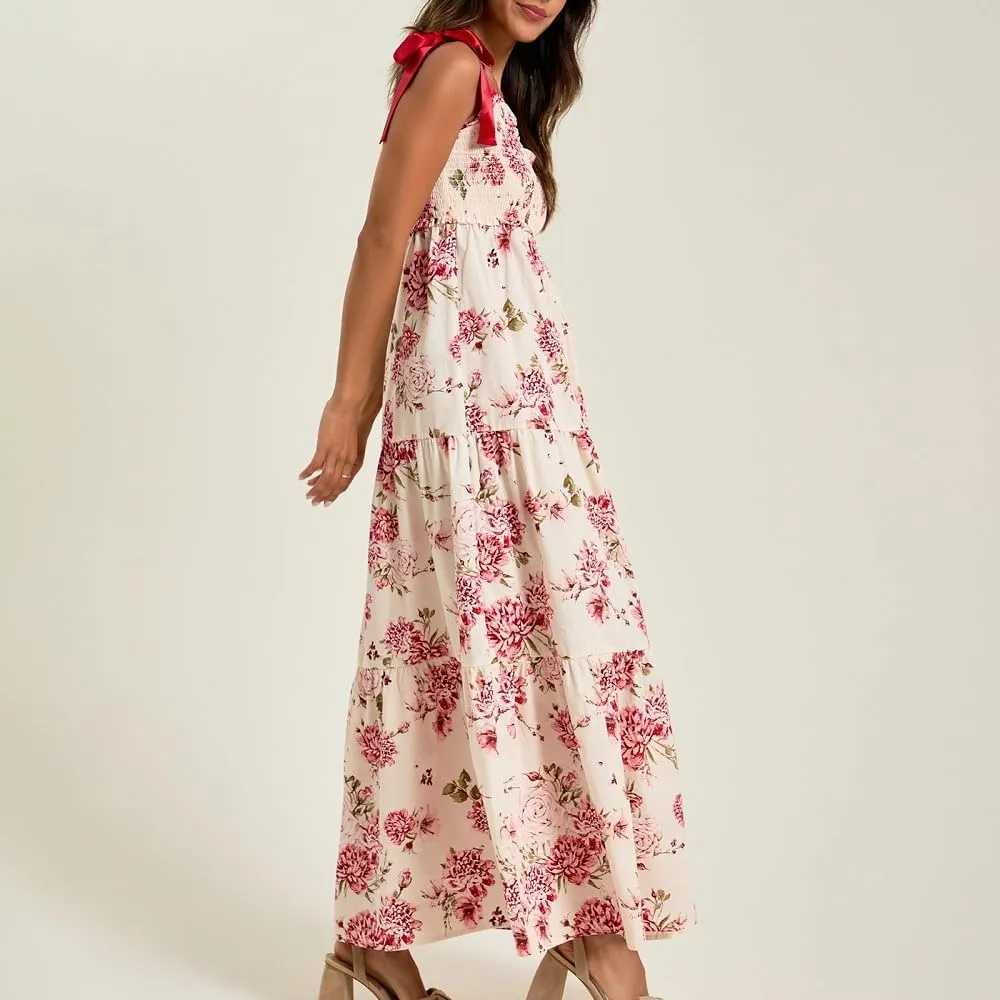 Women Floral Tie Shoulder Maxi Dress Boho Flowy Tiered Sundress Square Neck Sleeveless Long Dress Beach Dress