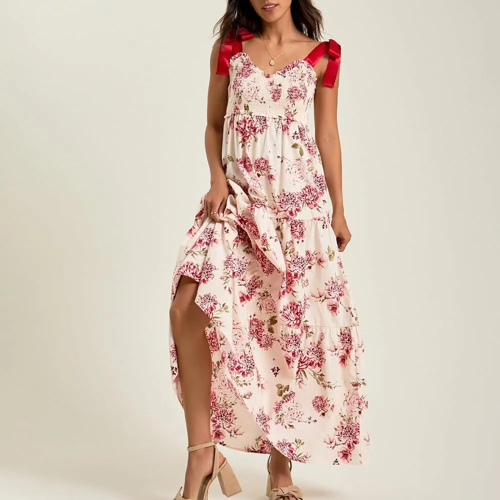 Women Floral Tie Shoulder Maxi Dress Boho Flowy Tiered Sundress Square Neck Sleeveless Long Dress Beach Dress