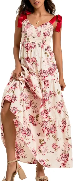Women Floral Tie Shoulder Maxi Dress Boho Flowy Tiered Sundress Square Neck Sleeveless Long Dress Beach Dress