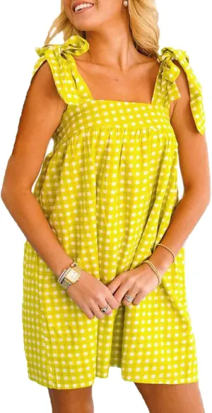Women Floral Tie Shoulder Mini Dress Bow Square Neck Babydoll Dress Boho Flowy Sundress Summer Going Out Dres