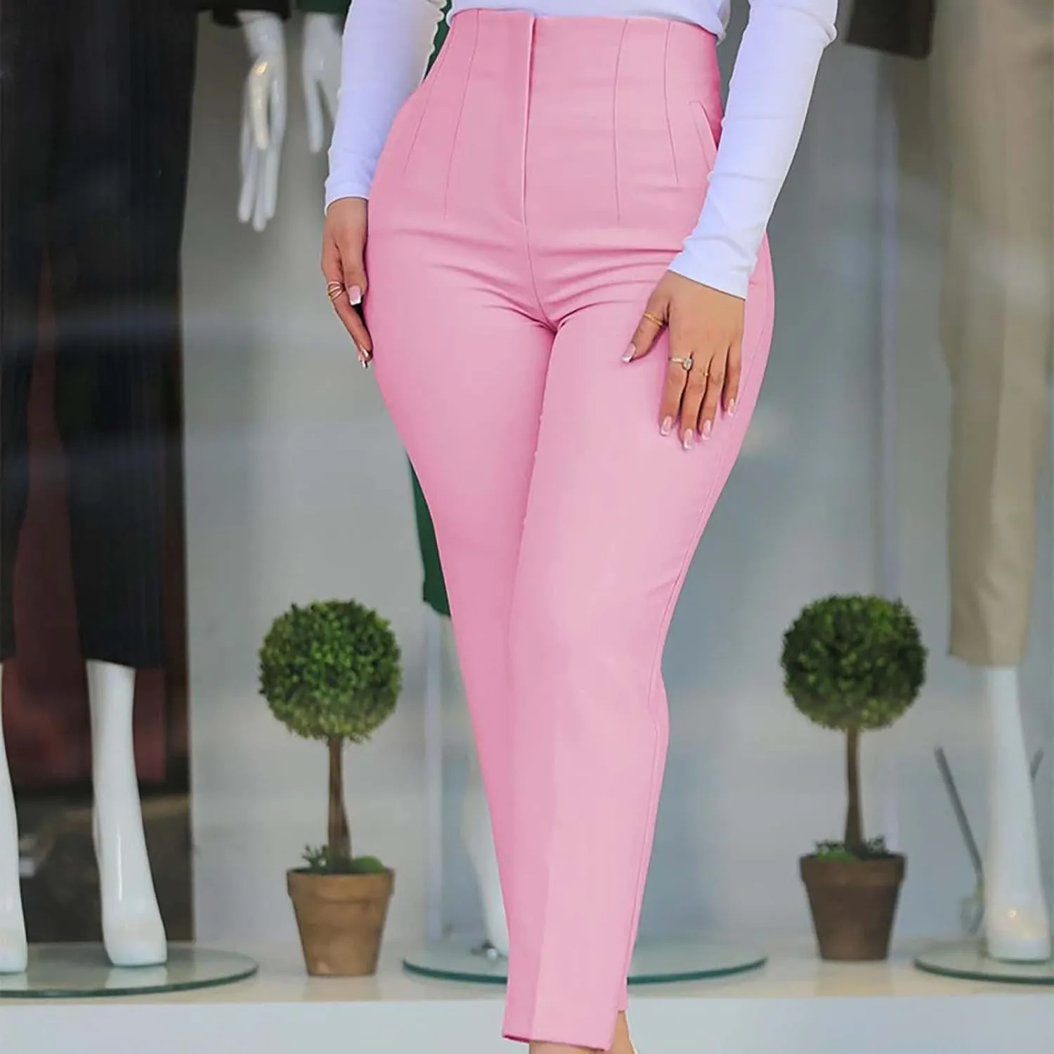 Women High Waist Cropped Work Pants Solid Zipper Trouser Pant Casual Baggy Womens Business Casual Pants with Pockets