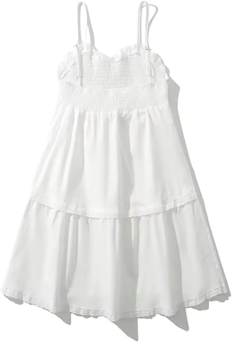Women Lace Trim Spaghetti Strap White Mini Dress - Summer Cotton Blend Camisole