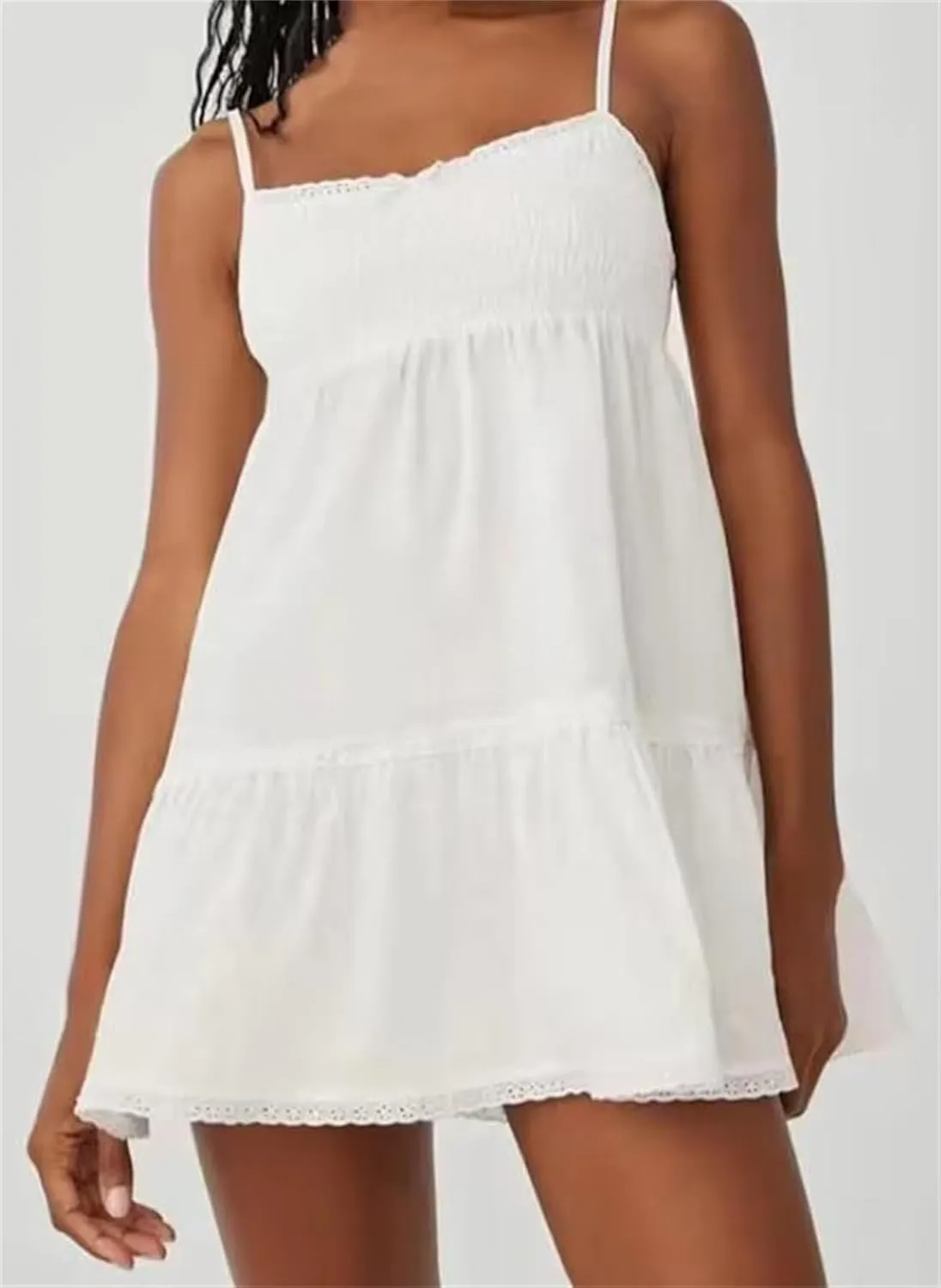Women Lace Trim Spaghetti Strap White Mini Dress - Summer Cotton Blend Camisole