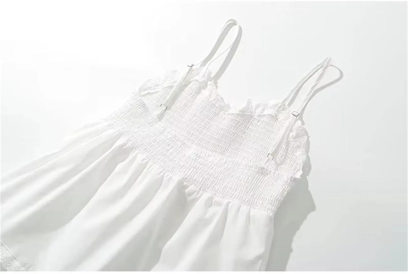 Women Lace Trim Spaghetti Strap White Mini Dress - Summer Cotton Blend Camisole