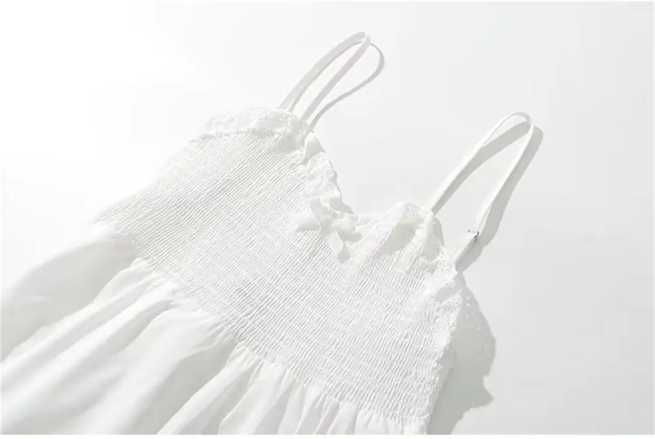 Women Lace Trim Spaghetti Strap White Mini Dress - Summer Cotton Blend Camisole