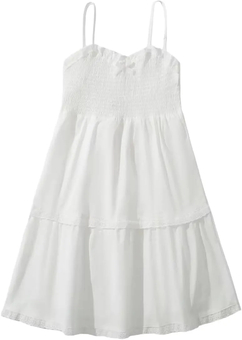 Women Lace Trim Spaghetti Strap White Mini Dress - Summer Cotton Blend Camisole