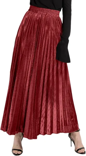 Women Pleated A-Line Swing Midi Skirts Elastic High Waist Boho Maxi Long Skirt Plus Size Big Swing Golden Spray