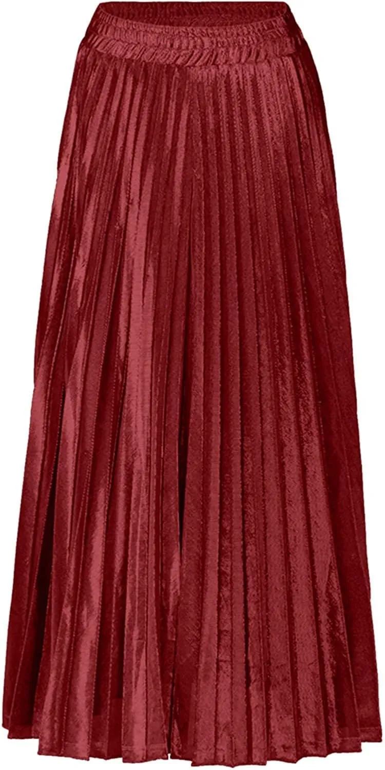 Women Pleated A-Line Swing Midi Skirts Elastic High Waist Boho Maxi Long Skirt Plus Size Big Swing Golden Spray