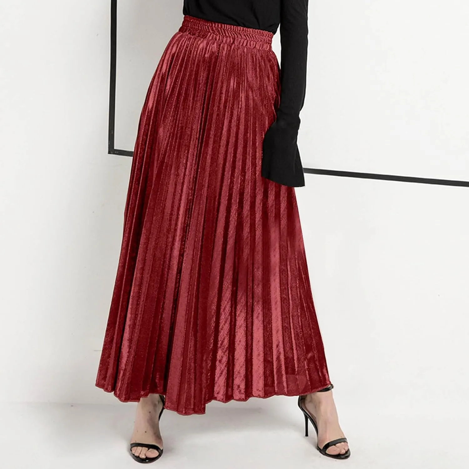 Women Pleated A-Line Swing Midi Skirts Elastic High Waist Boho Maxi Long Skirt Plus Size Big Swing Golden Spray