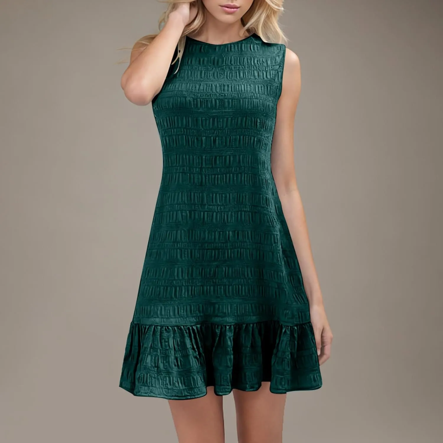 Women Ruffle Hem Sleeveless Tank Dress Casual Crewneck Smock Summer Mini Dresses Trendy Loose Holiday Beach Sundress
