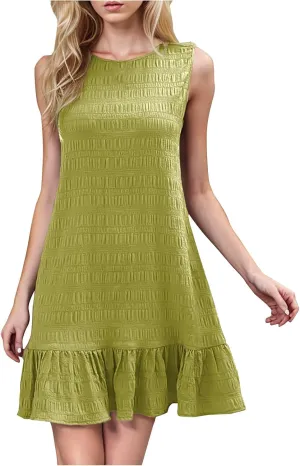 Women Ruffle Hem Sleeveless Tank Dress Casual Crewneck Smock Summer Mini Dresses Trendy Loose Holiday Beach Sundress