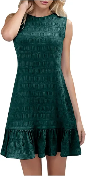 Women Ruffle Hem Sleeveless Tank Dress Casual Crewneck Smock Summer Mini Dresses Trendy Loose Holiday Beach Sundress