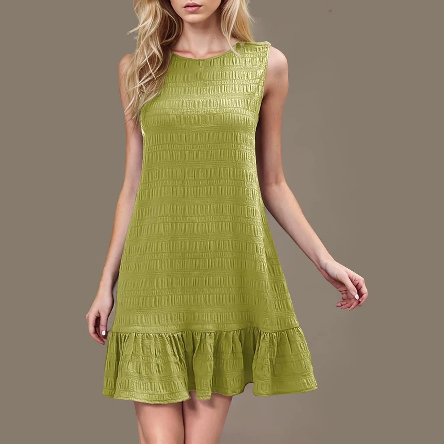 Women Ruffle Hem Sleeveless Tank Dress Casual Crewneck Smock Summer Mini Dresses Trendy Loose Holiday Beach Sundress