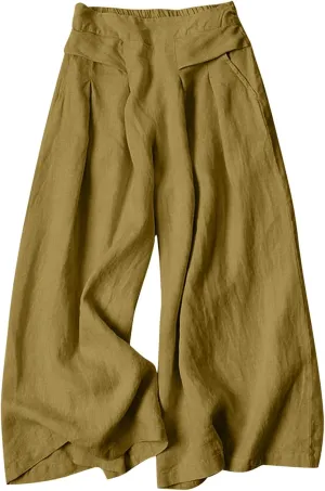 Women' s Culottes Linen Blend Wide Leg Pants Elastic Waist Casual Palazzo Trousers with Pockets Capris