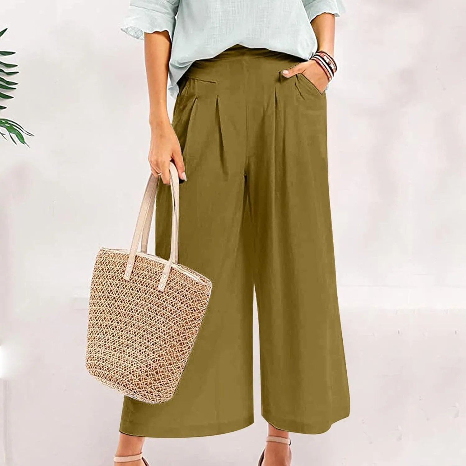 Women' s Culottes Linen Blend Wide Leg Pants Elastic Waist Casual Palazzo Trousers with Pockets Capris