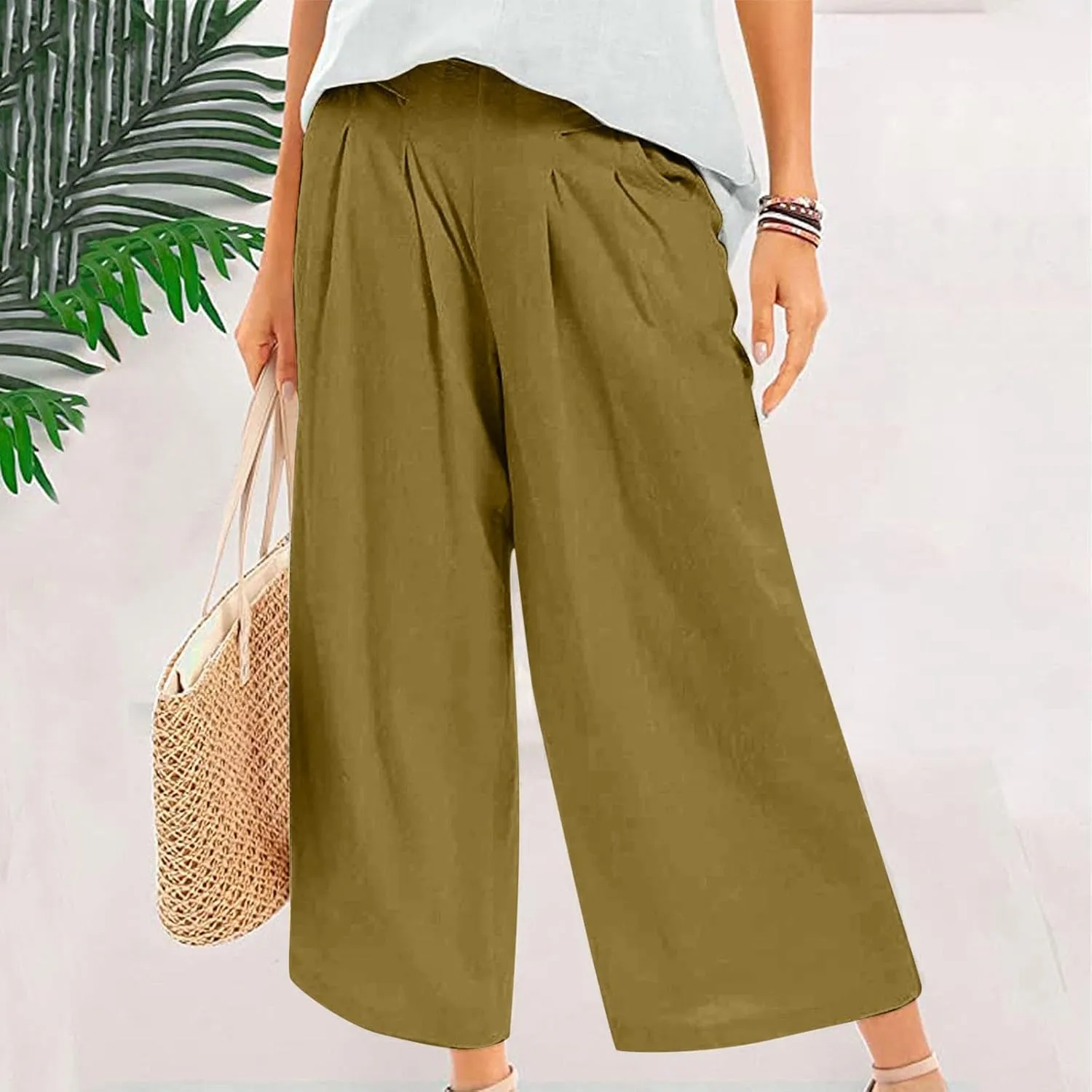 Women' s Culottes Linen Blend Wide Leg Pants Elastic Waist Casual Palazzo Trousers with Pockets Capris