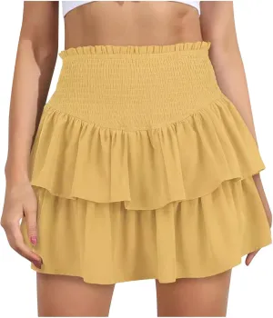 Women Summer Tiered Short Skirt with Shorts, Smocked High Waisted Ruffle Mini Skirts Teen Girls Cute Casual Skirts