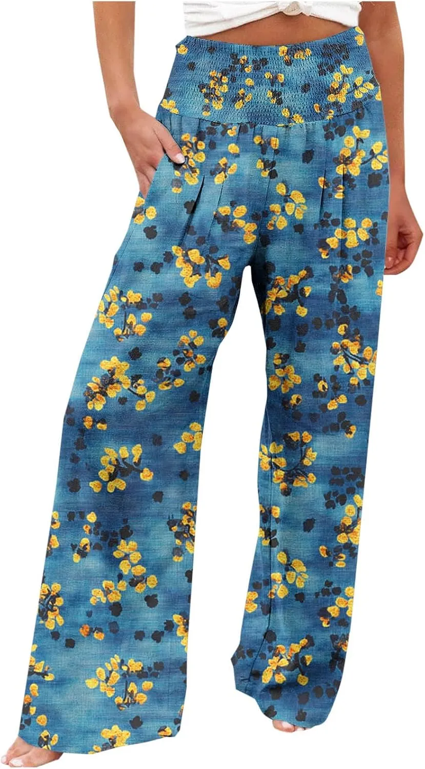 Women Wide Leg Linen Pants Boho Beach Print High Waisted Summer Casual Cotton Linen Pant Palazzo Trouser with Pockets