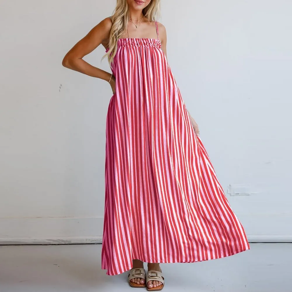 Women Y2K Spaghetti Strap Maxi Dress Boho Flowy Cami Dress Backless Loose Sundress Summer Holiday Beach Dress