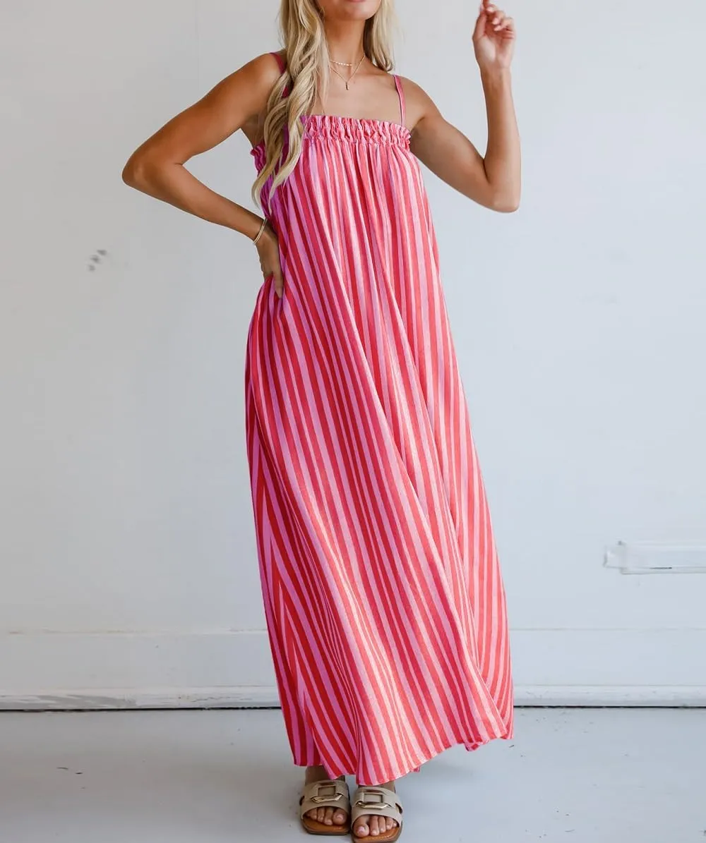 Women Y2K Spaghetti Strap Maxi Dress Boho Flowy Cami Dress Backless Loose Sundress Summer Holiday Beach Dress