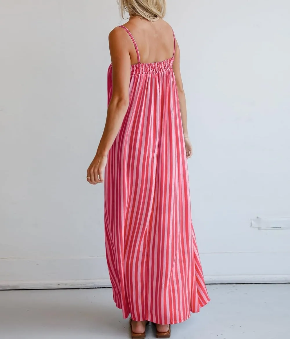 Women Y2K Spaghetti Strap Maxi Dress Boho Flowy Cami Dress Backless Loose Sundress Summer Holiday Beach Dress