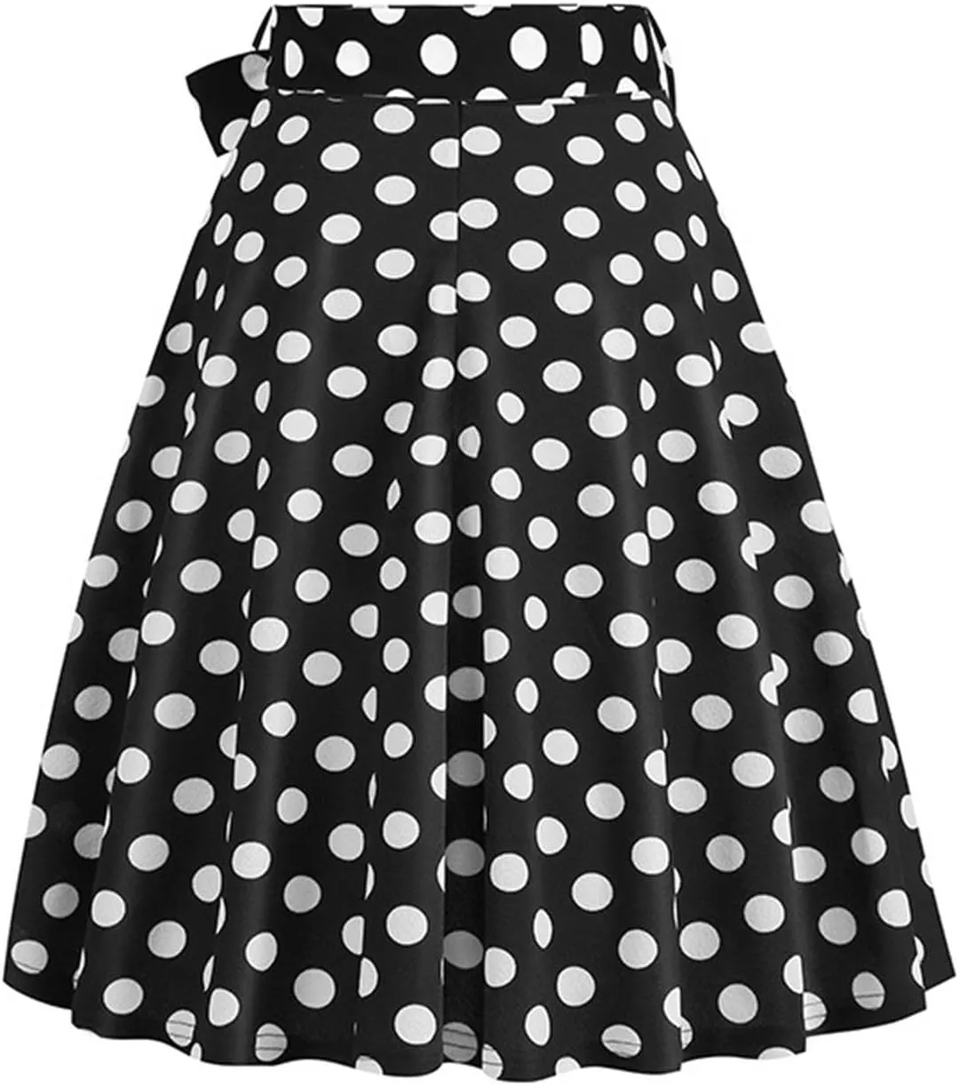 Women's 1950s Pleated Vintage Skirt Polka Dot A-line Midi Skirts Flared High Waisted Short Skirts with Belted