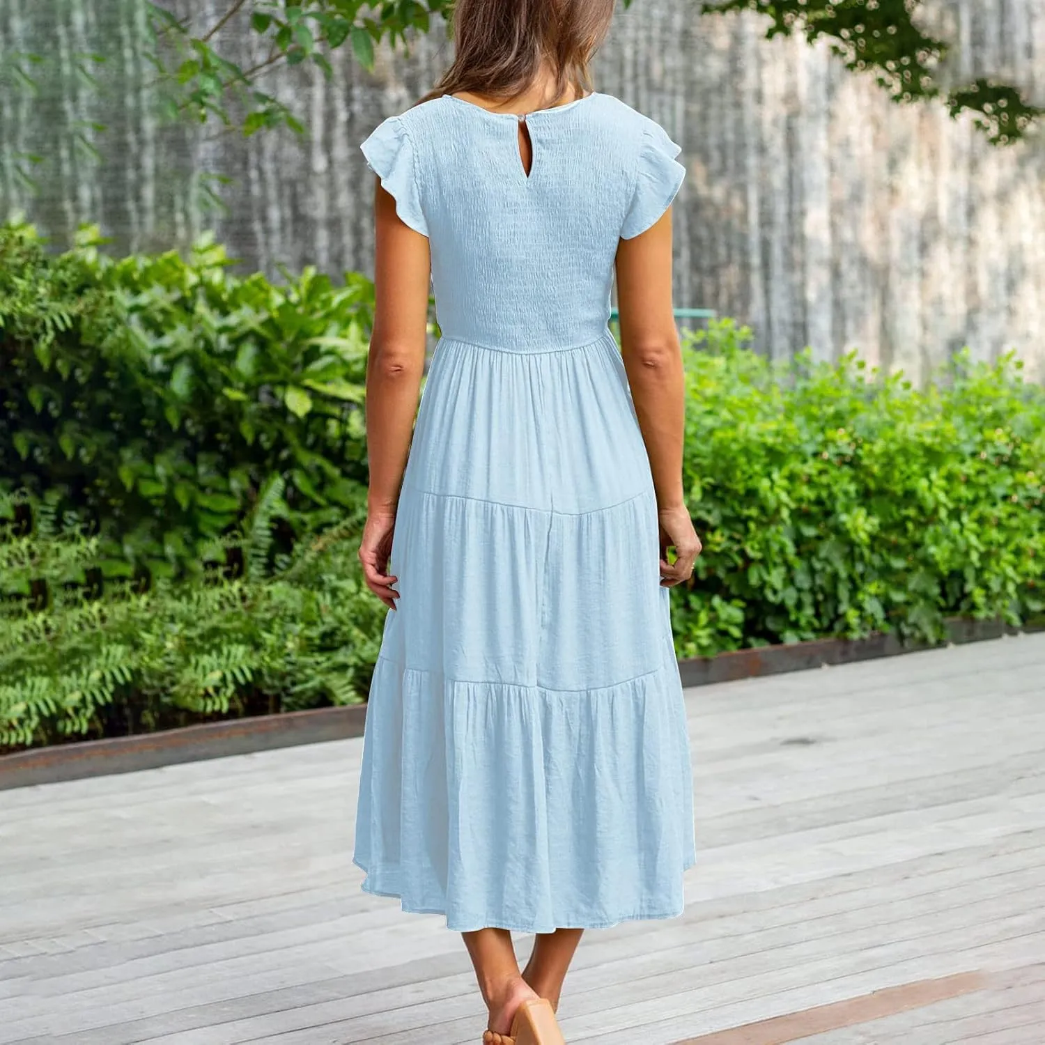 Womens 2023 Summer Casual Flutter Short Sleeve Long Dresses Crew Neck Smocked Elastic Waist Tiered Midi Dress