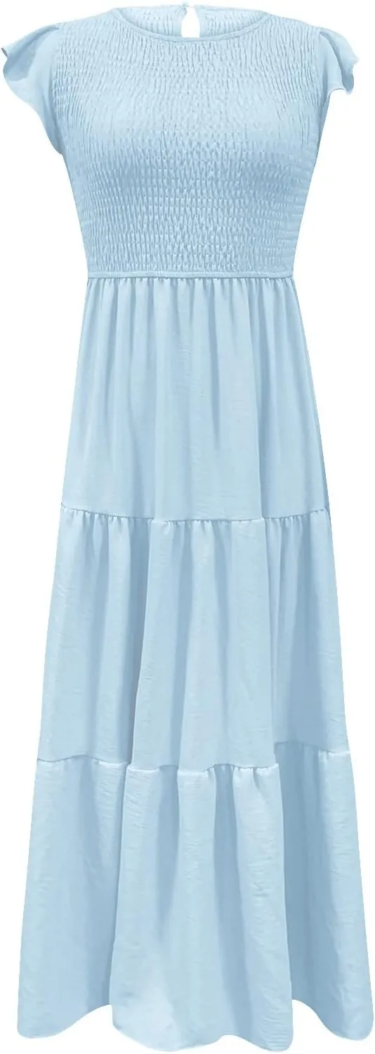 Womens 2023 Summer Casual Flutter Short Sleeve Long Dresses Crew Neck Smocked Elastic Waist Tiered Midi Dress